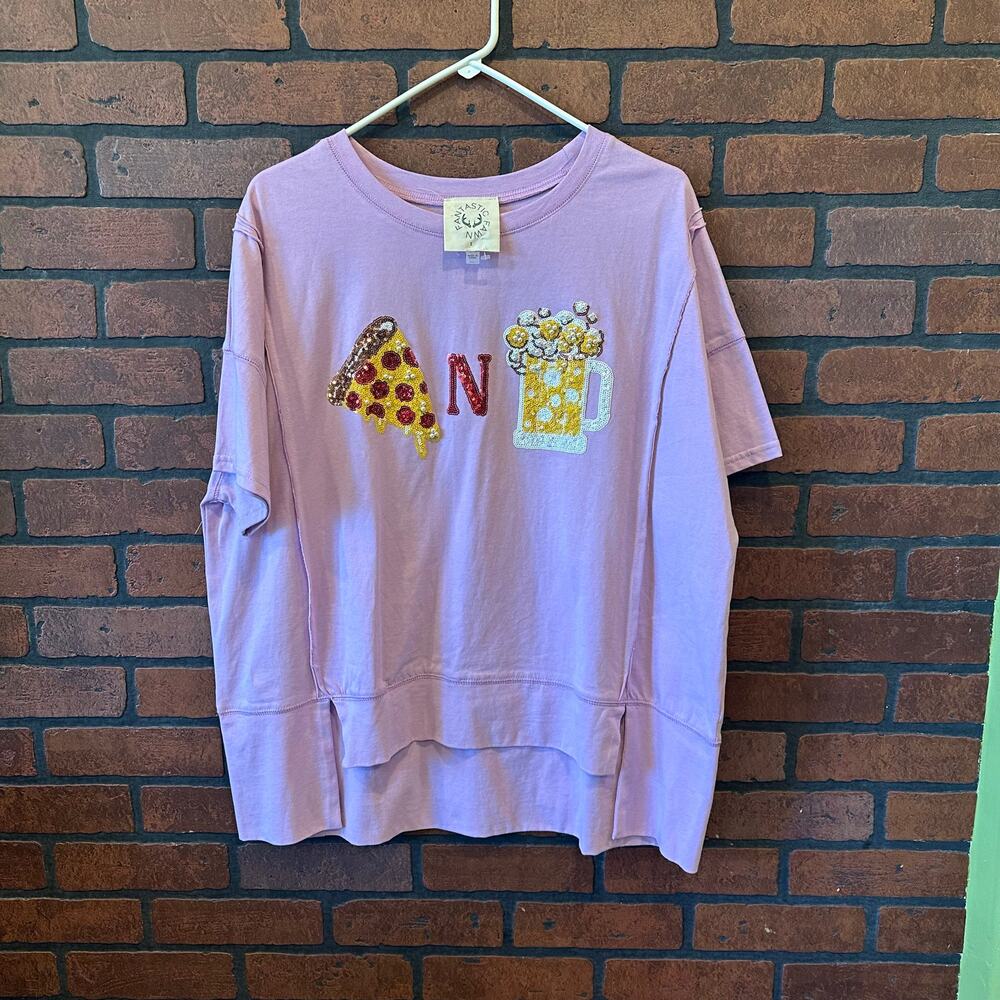 Y2K Sequin Graphic Tee Purple Pizza and Beer - Size Small Game Day Oversized - Picture 2 of 11